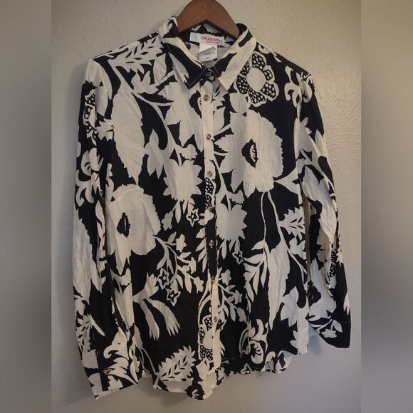 Cklass Fashionline Black Ivory Floral Long Sleeve Blouse Size Medium - Picture 3 of 13